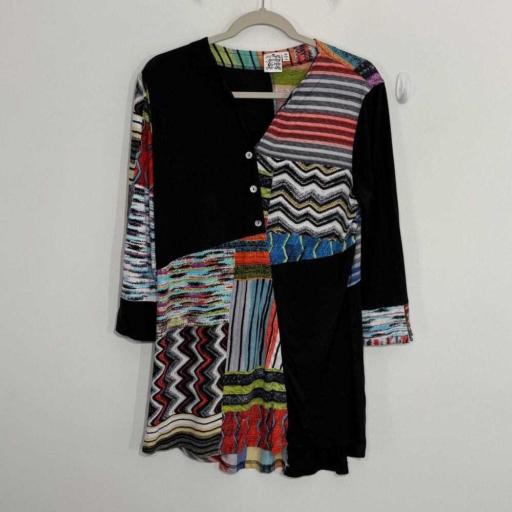 Parsley & Sage Womens Tunic Top Medium Black Novelty Pieced Patchwork Boho Artsy